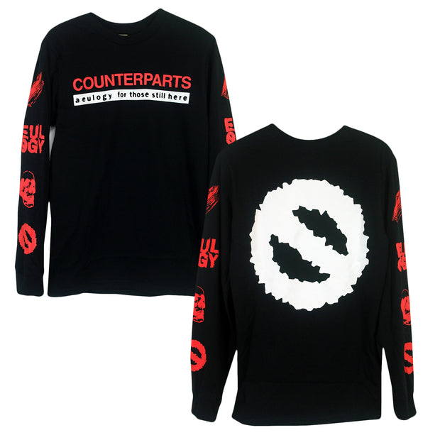 image showing a black long sleeve to show off prints. Front chest print is the words "Counterparts" in red and "a eulogy for those still here" in tan. Both sleeves have various symbols printed on them in red. Back of long sleeve has the Counterparts circle logo in tan. 