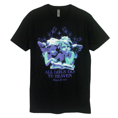 image of the front of a black tee shirt on a white background. front of tee has full chest print in purple and blue of two statue angels, and in purple below says all girls go to heaven mint green