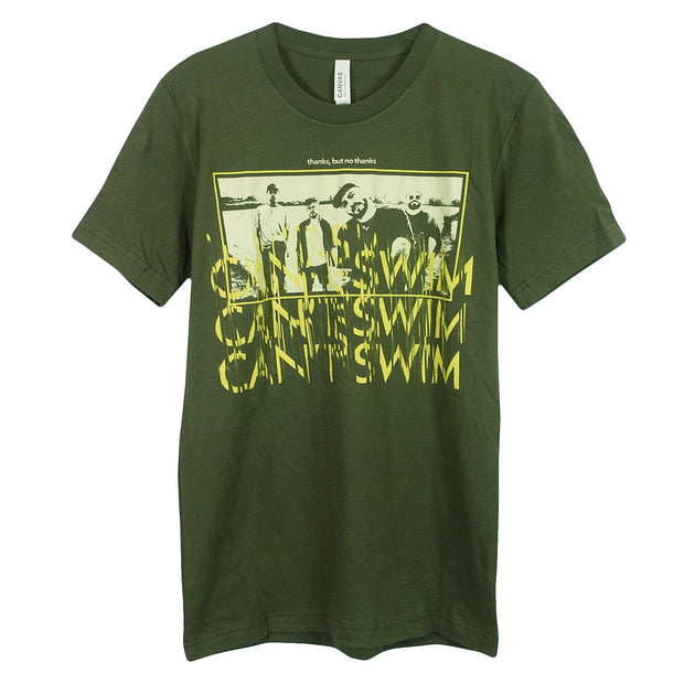 Can't Swim Band Photo Green T-Shirt. Photo of band in the center chest in a tan-ish ink. The text "cant swim" in a scratchy repeating text under the image in yellow ink. 
