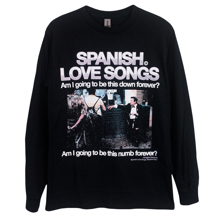 black long sleeve tee on white background. full chest print saysspanish love songs am i going to be this down forever in white ink over a photograph of a man sitting with am i going to be this numb forever below in white ink.