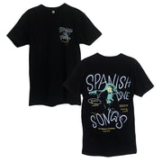 black tee on white background. front and back images with left chest print on front of tee, full back print on back of tee. front print in purple ink says spanish love songs, back print has three colors. spanish love song in purple ink with a skeleton man in yellow ink with song lyrics and green print framing the mans body.