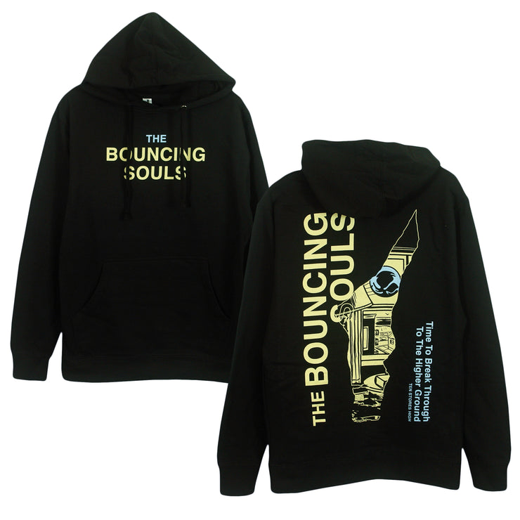 Bouncing Souls Break Through Black Pullover Hoodie, image shows front and back of hoodie. front has the text "The Bouncing Souls" in the center chest in yellow and blue ink. the back has "The Bouncing Souls" text in yellow, "Time to break through the higher ground, Ten Stories High" text in blue. And a odd shaped cut out in the center of the back with the album art peering through. 