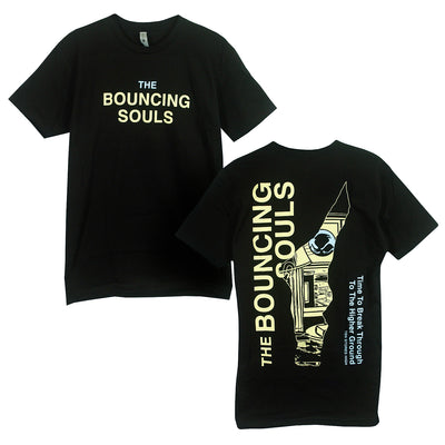 Bouncing Souls Break Through Black T-Shirt, image shows front and back of T-Shirt. front has the text "The Bouncing Souls" in the center chest in yellow and blue ink. the back has "The Bouncing Souls" text in yellow, "Time to break through the higher ground, Ten Stories High" text in blue. And a odd shaped cut out in the center of the back with the album art peering through