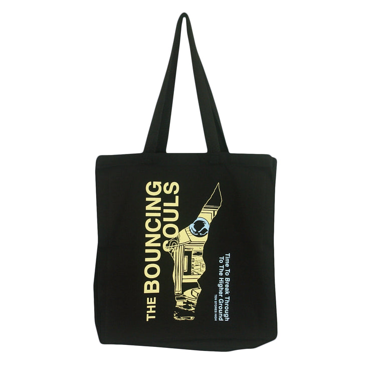 Bouncing Souls Break Through Black tote bag "The Bouncing Souls" text in yellow, "Time to break through the higher ground, Ten Stories High" text in blue. And a odd shaped cut out in the center of the tote bag with the album art peering through