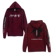 image of the front and back of a maroon pullover hoodie on a white background. front of the hoodie is on the left and has a white print across the chest that says see you space cowboy, and a print down the left sleeve of a bullet and says the romance of affliction. the back of the hoodie is on the right and has a full back print of a splatter black heart, with a white bullet in the center and the romance of affliction across the bottom