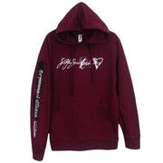 image of the front of a maroon pullover hoodie on a white background. hoodie has a white print across the chest that says see you space cowboy, and a print down the left sleeve of a bullet and says the romance of affliction