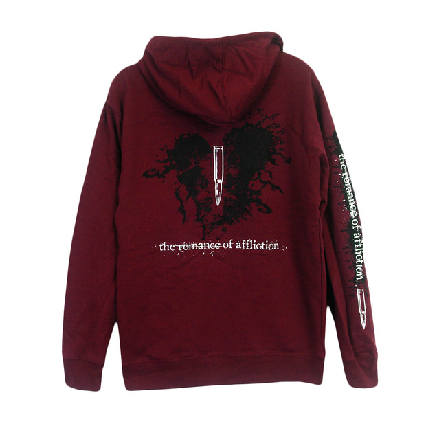 image of the back of a maroon pullover hoodie on a white background. back of the hoodie  has a full back print of a splatter black heart, with a white bullet in the center and the romance of affliction across the bottom