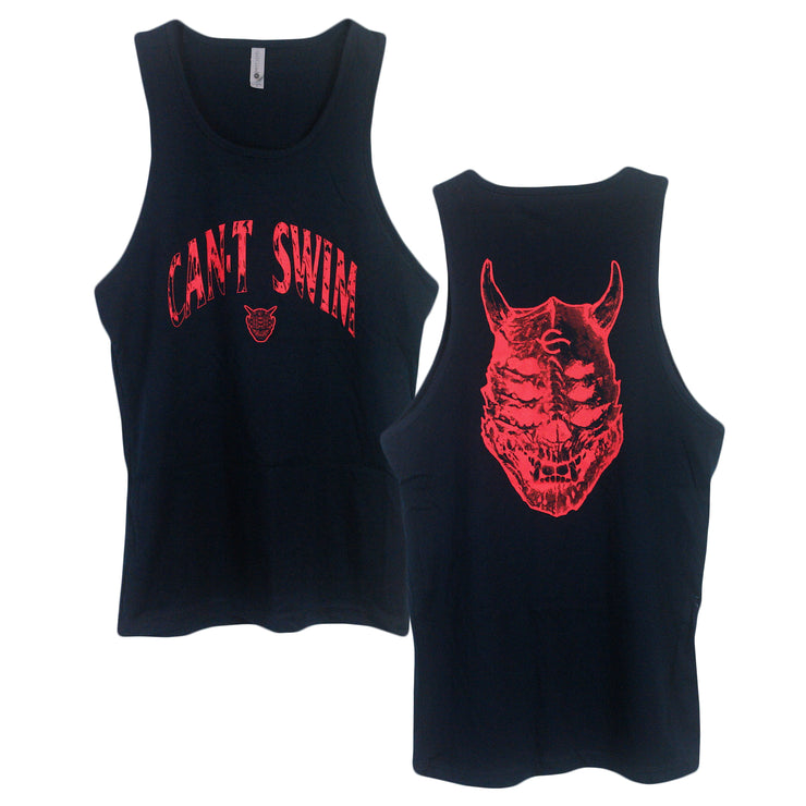 image of a navy blue tank top on a white background. front of the tank is on the left and has a center chest print in orange arched text that says can't swin, with a small demon skull head below. the back of the tank is on the right and has a center print on orange of a demon skull head with horns and three eyes