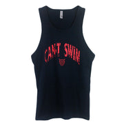 image of a navy blue tank top on a white background. tank has a center chest print in orange arched text that says can't swin, with a small demon skull head below.