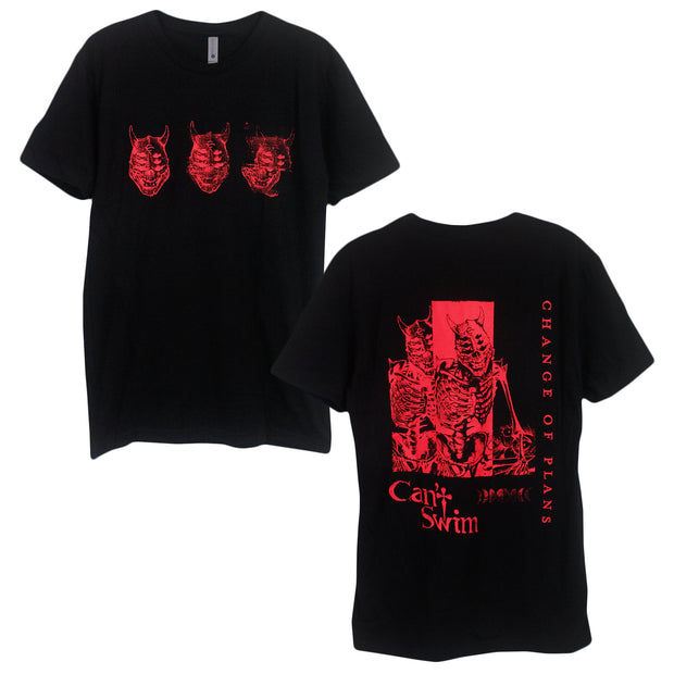 image of the front and back of a black tee shirt on a white background. front of the tee is on the left and has a chest print across in red of three demon faces. the back is on the right and has a full print in red of two skeleton demons and change of plans written vertically on the right and can't swim on the bottom left of the shirt