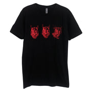 image of the front of a black tee shirt on a white background. tee has a chest print across in red of three demon faces.