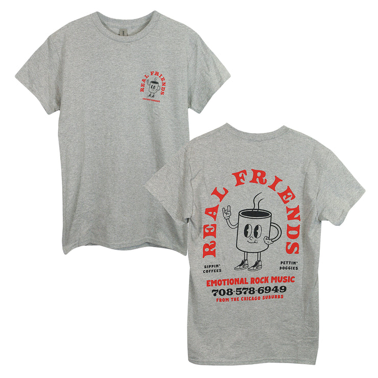 Real Friends Coffee Heather Grey Tee Shirt. image shows front and back of the shirt. back of tshirt has Coffee mug cartoon character with Real Friends Text in red arched over the coffee mug character. Emotional Rock Music text in red under the character. Front of tee shirt has the coffee mug character with the arched text on the left chest of the front of the tee shirt. 