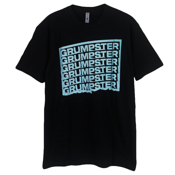 Image of black colored Grumpster tee shirt laying flat on white background. Front reads "Grumpster" in light blue text. The Grumpster texts repeats in a block shape 6 times. 