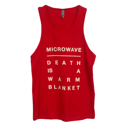 image of a red tank top on a white background. tank has full body print in cream that says microwave death is a warm blanket