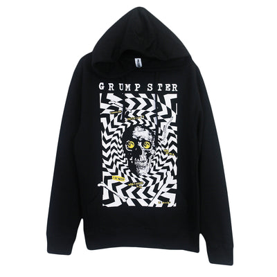Image of black colored Grumpster pullover hoodie. Front reads "Grumpster" at top of garment near the collar. Under text is an image of a skull with yellow eyes surrounded by arrows in a circular design and a few other bones. Reads "It seems like nothing's left of me, I'm not who I used to be" in multiple spots throughout front design. 