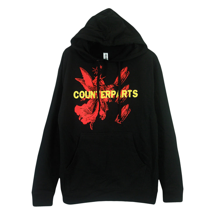 image of black pullover sweat shirt. front print has an angel with 3 coffins next to it in red ink. Over the image is "Counterparts" in yellow ink.