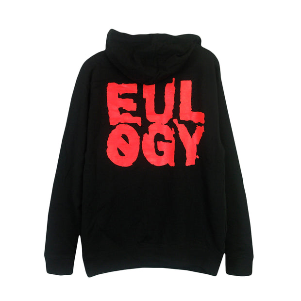 the back print of the hoodie is the word "Eulogy" in red block letters. 
