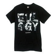 image of black t-shirt with white print. Print is the word "Eulogy" in block type letters that have the album art inside.
