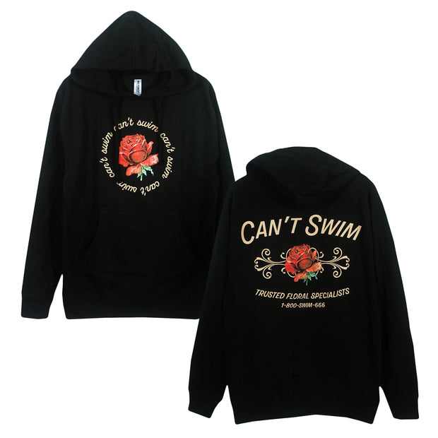 Can't Swim Floral Specialist black hoodie. image shows front and back of hoodie. Front of hoodie has a red rose in the center chest and the text "cant swim" repeating to make a circle around the rose in gold ink. back of hoodie has Cant Swim text in gold above a rose. under rose the text "Trusted Floral Specialist 1-800-swim-666"