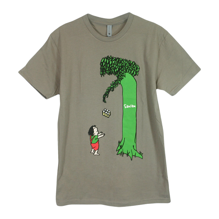 Samiam Giving Tree Warm Grey T-Shirt. front of t-shirt if parody of the giving tree book cover with the tree giving a 6 pack to a man. 