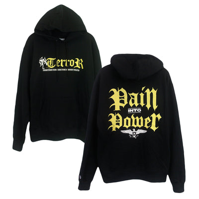 image of front and back of a black pullover hoodie on a white background. front of the hoodie is on the left and has a chest print across the chest that has a gargoyle in white and says terror in yellow next to it, below in white says together through the hardest truth. the back of the hoodie is on the right and has a full back print that says in yellow and white pain into power with an eagle on the bottom.