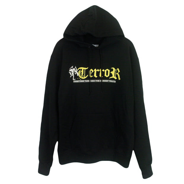 image of a black pullover hoodie on a white background. the front of the hoodie has a chest print across the chest that has a gargoyle in white and says terror in yellow next to it, below in white says together through the hardest truth.