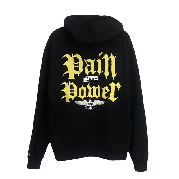 image of the back of a black pullover hoodie on a white background. the back of the hoodie  has a full back print that says in yellow and white pain into power with an eagle on the bottom.