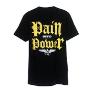 image of the back of a black tee shirt on a white background. tee has a full back print in yellow and white that says pain into power with an eagle at the bottom