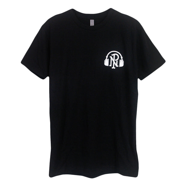 image of the front of a black tee shirt on a white background. the front of the tee has a small print on the right chest in white of the letters P N with headphones around it