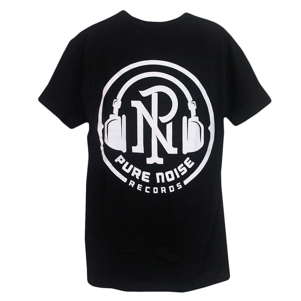 image of the back of a black tee shirt on a white background. the back of the tee has a full back print in white of a circle with the letters P N stacked over each other and headphones around the letters. arched up along the bottom says pure noise records