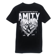 image of the back of a black tee shirt on a white background. The back of the tshirt features the same image. In between the skeletons in white text it says TAA. Below it says Like Love. Above this image in white text it says somewhere beyond the blue. Amity.