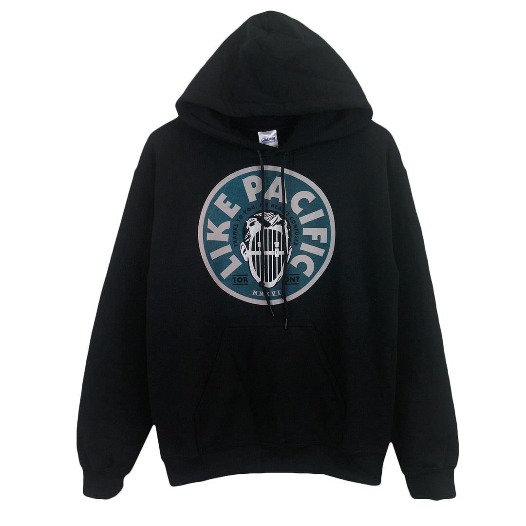 Mens black pullover sweatshirt with a front pocket, featuring a circular Like Pacific graphic in white and teal surrounding a central face with headphones.