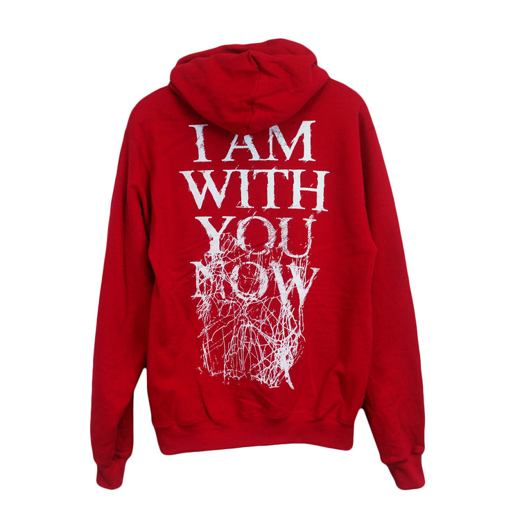 image of the back of a red pullover hooded sweatshirt. hoodie has a full back print in white that says i am with you now and has white scribbles.