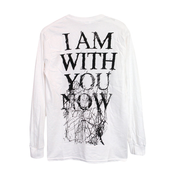 image of the back of a white long sleeve tee shirt on a white background. tee has a full back print in black that says i am with you now and has black scribbles.