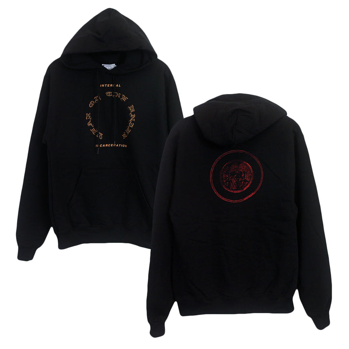 image of the front and back of a black pullover hoodie on a white background. the front of the hoodie is on the left and has a chest print in the center. the print in is brown ink and says at the top internal, with year of the knife below in a circle and below says incarceration. the back of the hoodie is on the right and has a small print in the center in red ink that has two circles, and a skull in the center.