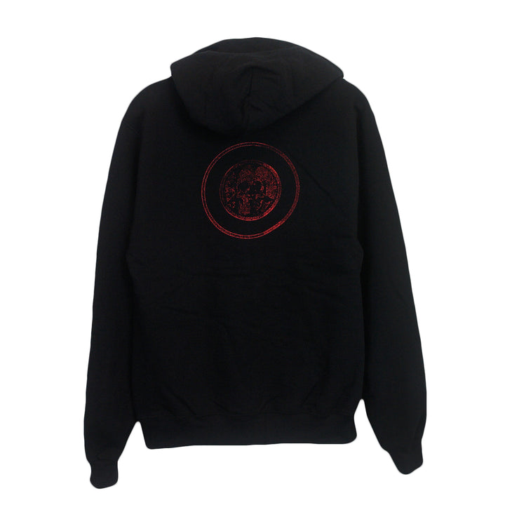 image of the back of a pullover hoodie on a white background. the back of the hoodie has a small print in the center in red ink that has two circles, and a skull in the center.