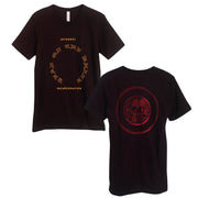 image of the front and back of an oxblood black tee shirt on a white background. front of tee is on the left and has a full chest print in yellow. in the center it says year of the knife in a circle. above says internal, and below says incareration. the back of the tee is on the right and has a back print in red of a circle with a skull head, and a circle around that
