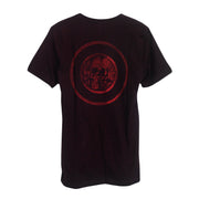 image of the back of an oxblood tee shirt on a white background. back of the tee has a back print in red of a circle with a skull head, and a circle around that