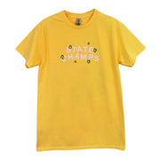 image of a yellow tee shirt on a white background. the front of the tee has a small print across the chest in light pink stacked text that says state champs with six green stars around it. 