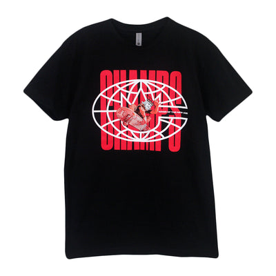 image of a black tee on a white background. front of tee has a chest print that says in red champs with an image over it of a king from playing cards on a skateboard. there is a white outline of the world around that and on the right says kings of the new age