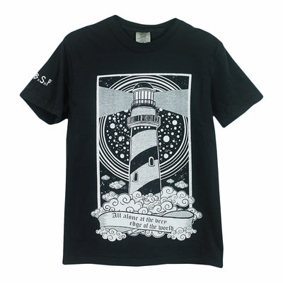 black t-shirt with a large lighthouse printed in the center on the tee. clouds at the bottom that have the text All Alone at the very edge of the world. BSP printed on the right sleeve. 