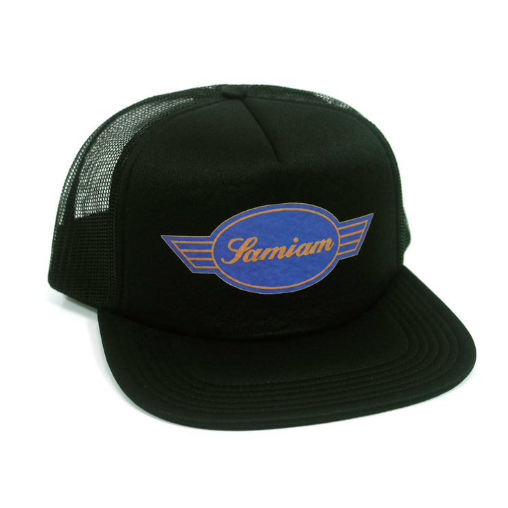 Samiam Logo black Mesh Snapback Hat. Samiam crest logo printed in blue and gold on the front panel of hat. 