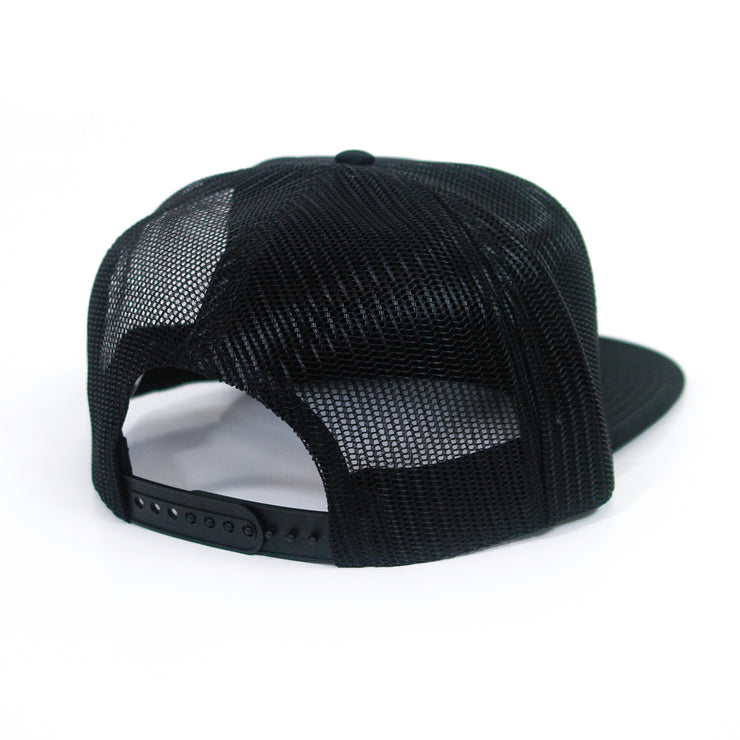 image of the back of a black mesh snapback hat on a white background