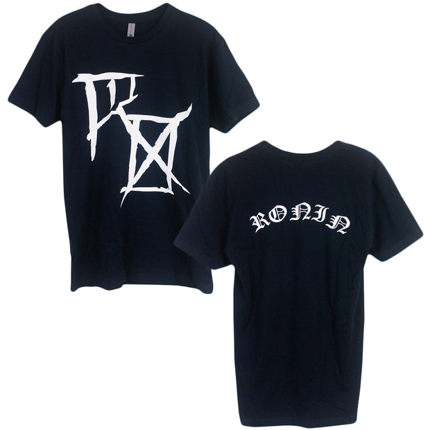 image of the front and back of a navy blue tee shirt on a white background. front of the tee is on the right and has a full chest print in white of the letters R O. the back is on the right and has a white print across the shoulders of the letters R O N J N 