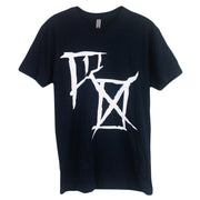 image of the front of a navy tee shirt on a white background. the tee has a full chest print in white of the letters R O