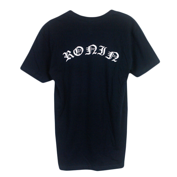 image of the back of a navy tee shirt on a white background. the tee  has a white print across the shoulders of the letters R O N J N 