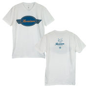 Samiam Logo White t-shirt. Front of shirt has a Samiam logo crest in blue and gold in the center. back of tee has the pure noise and Samiam logo at the center top of the shirt in blue.