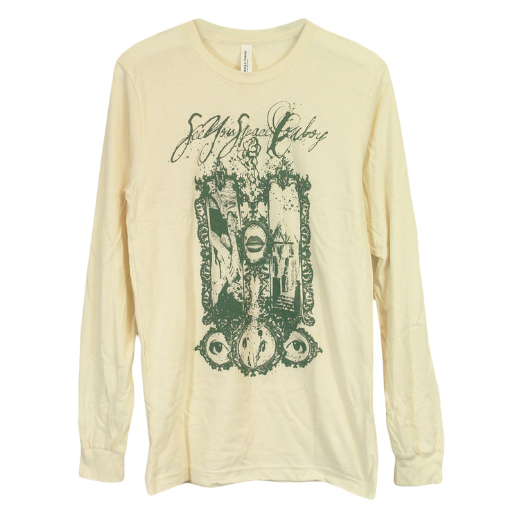 image of a cream, natural colored long sleeve tee shirt on a white background. long sleeve has full body print in green that says see you space cowboy at th etop, and then an image of several mirrors with parts of the face reflected below