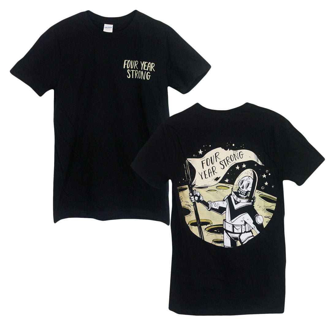 Four Year Strong black tee with logo on front left chest and a large back graphic of an armored skeleton holding a Four Year Strong flag against stars. Printed on comfortable, durable Gildan fabric.