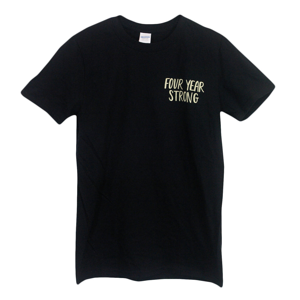 A classic black tee from Four Year Strong, this Gildan T-shirt features FOUR YEAR STRONG printed in bold yellow on the upper left chest.